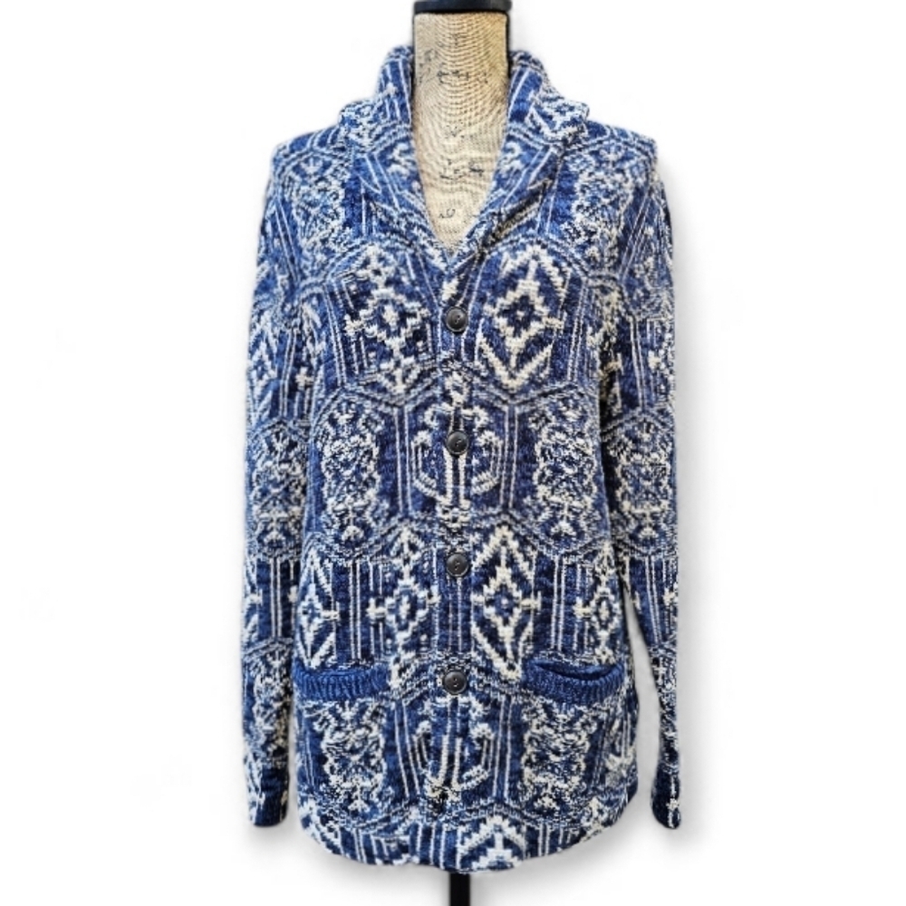 NWT Rare Denim & Supply Ralph Lauren Navy and Beige Aztec Cardigan, Size M
